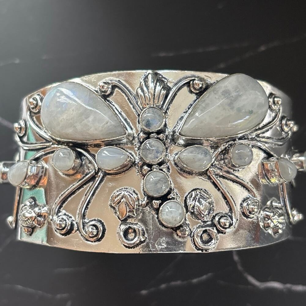 925 Sterling Moonstone & Garnet Dragonfly Cuff Bracelet